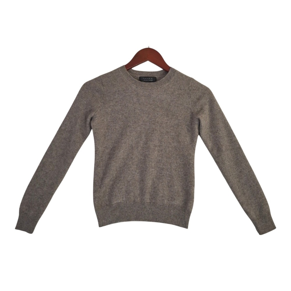 Tahari 100% 2-Ply Cashmere Crew Neck Sweater Taupe Gray XS Luxury Soft Knit